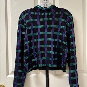 St. John Black and Purple Dazzling Sequined Knit Top with half zip back closure